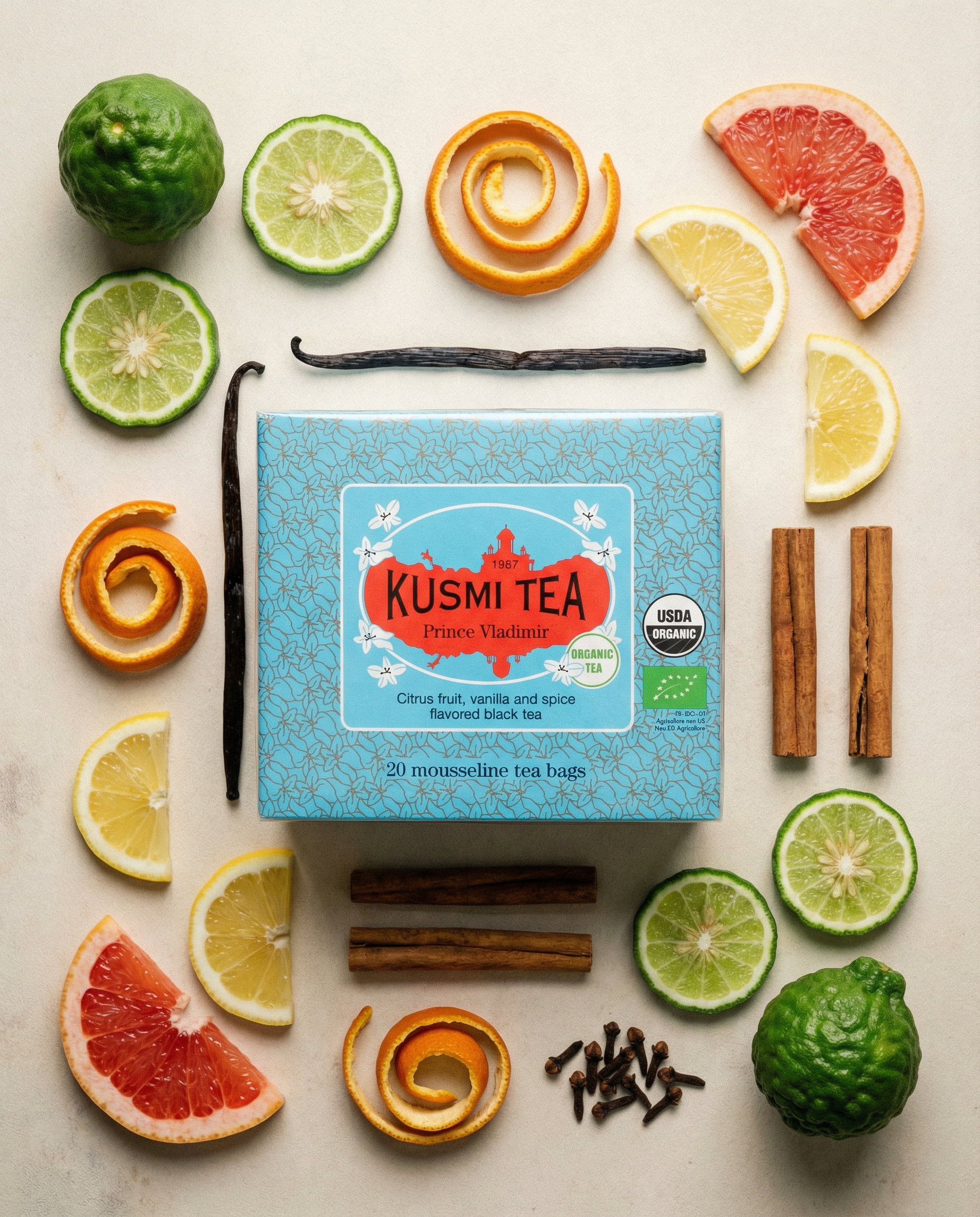 Kusmi Tea herbata czarna Earl Grey Prince Vladimir Bio: wanilia, cytrusy, przyprawy korzenne - 20 saszetek