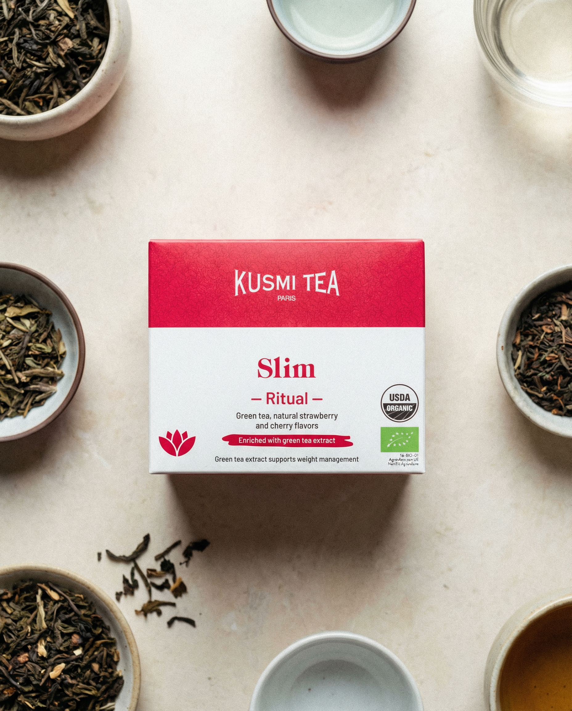 Kusmi Tea Slim Ritual Wyszczuplająca zielona herbata, mate o aromacie wiśni i truskawki - 18 saszetek