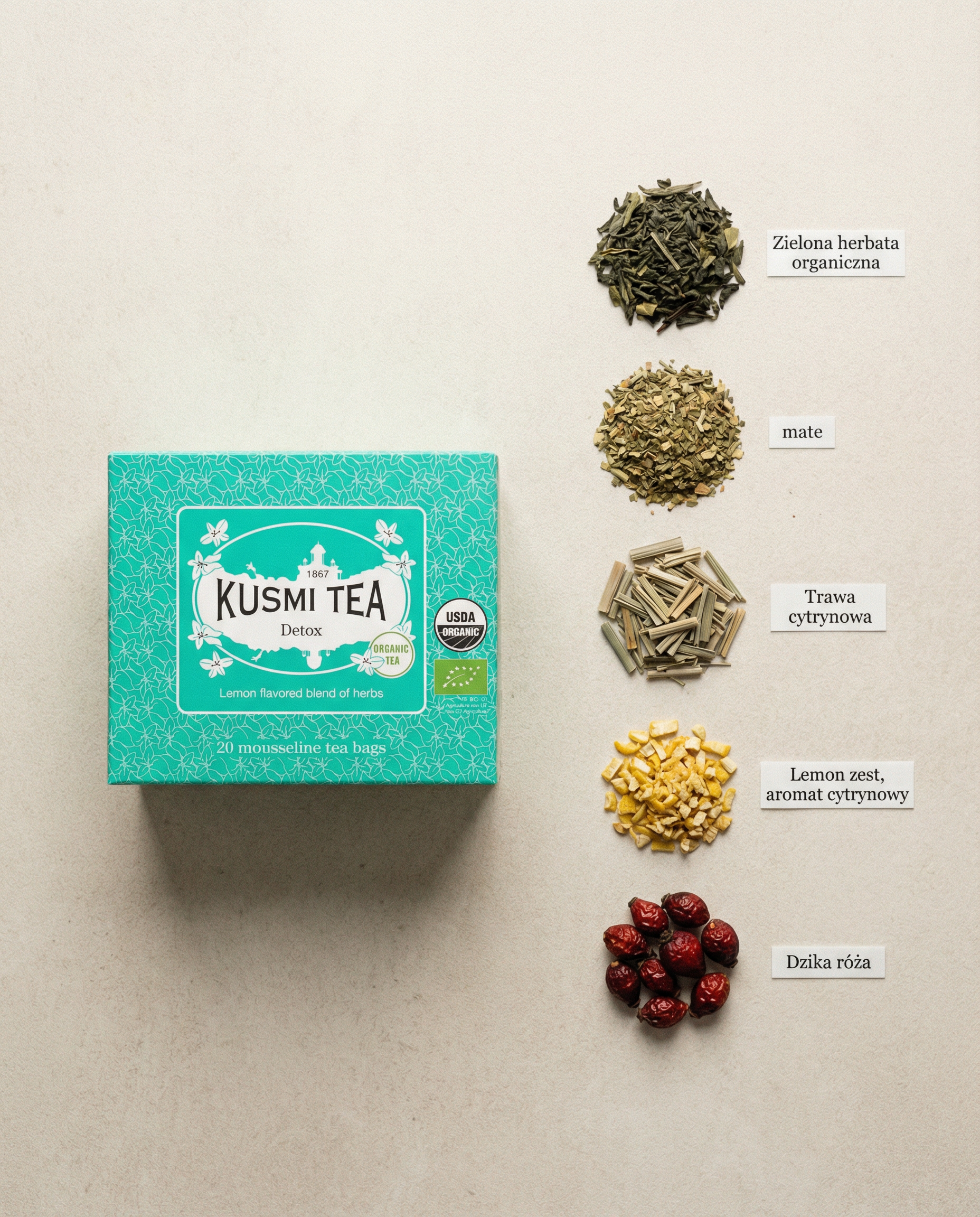 Kusmi Tea zielona herbata, mate i cytryna  Detox Bio - 20 saszetek