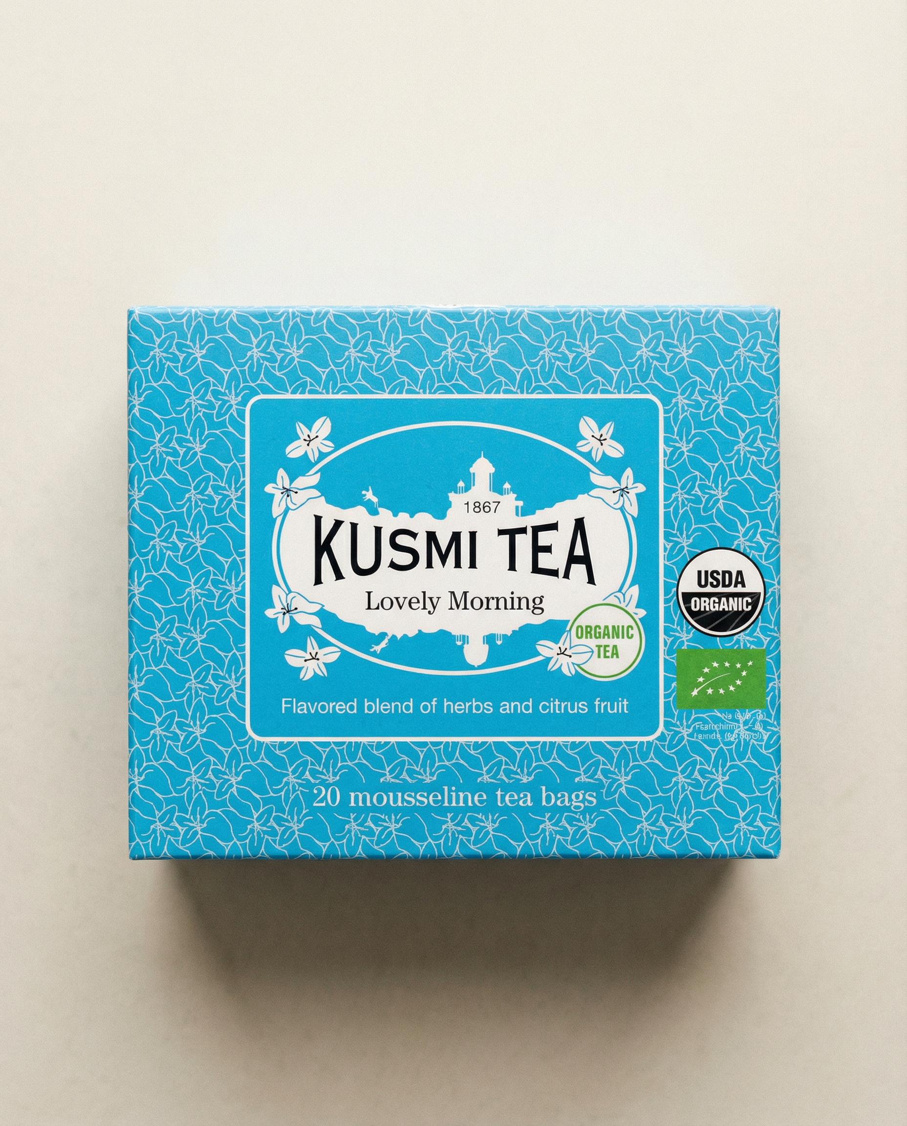 Kusmi Tea Lovely Morning Bio: Zielona herbata, maté, owoce cytrusowe - 20 saszetek