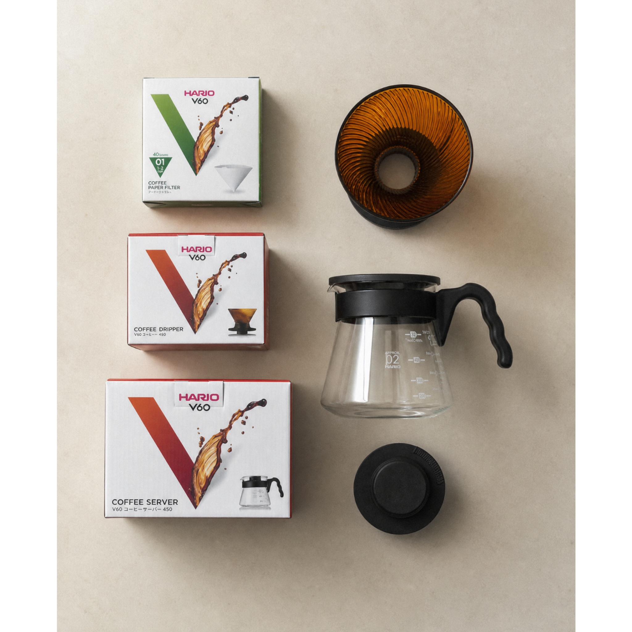 Zestaw do parzenia kawy v60-01: dripper + dzbanek + filtry papierowe 40szt.